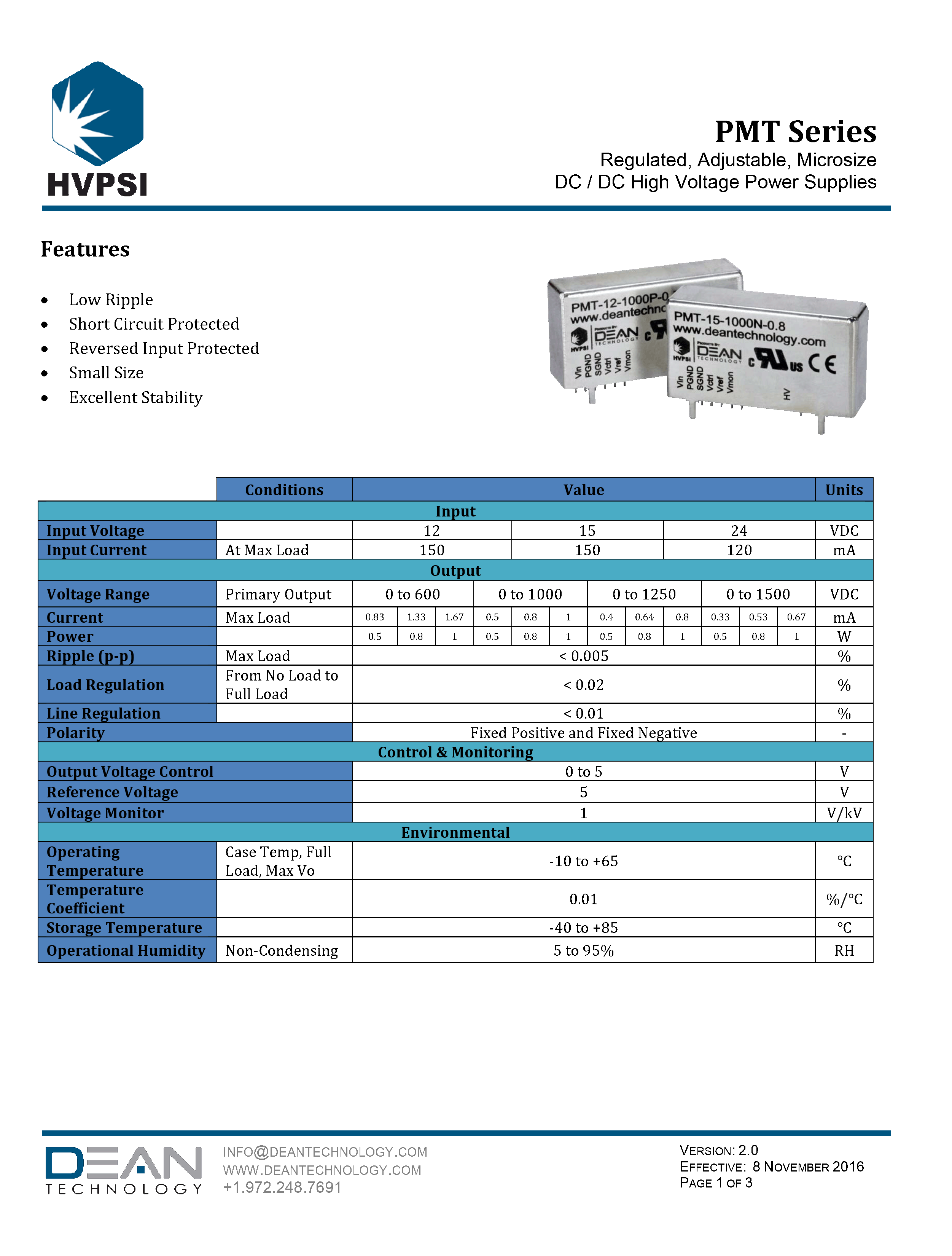 Dean Technology PMT Series Microsize DC/DC High Voltage Power Supplies