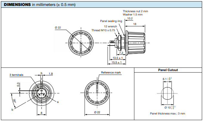Vishay Sfernice P16F and PA16F Knob Panel Potentiometer